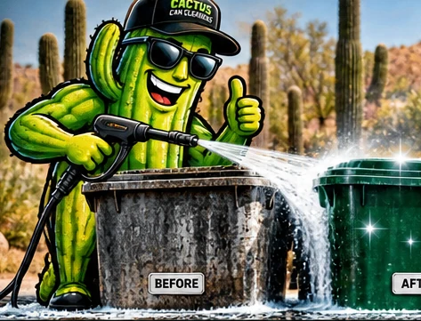 Illustration of a friendly cactus cleaning two residential bins